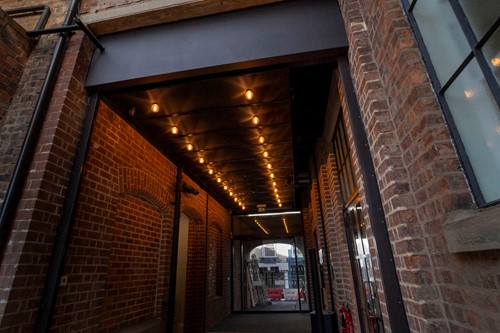 Entrance corridor. There are two rows of lightbulbs on the ceiling