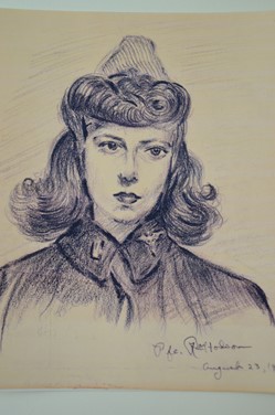 pencil sketch of young woman in nurses hat and coat