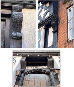collage of 3 examples of ornate details on timber framing