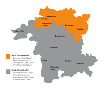 Map showing Worcestershire divided in to north (orange) and south (grey)