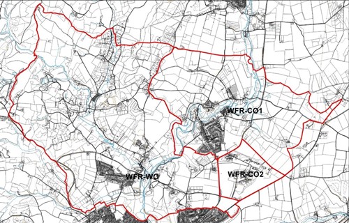 large scale map showing 3 outlined polling districts