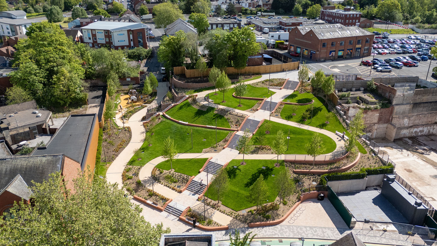 Aerial image of a park with steps and winding pathway