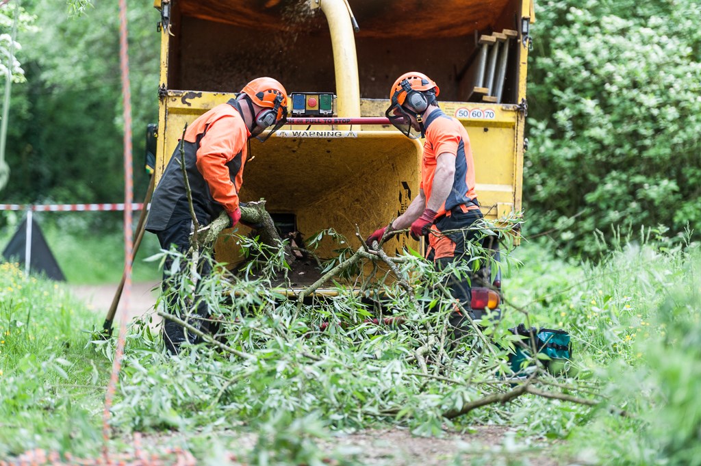 2 people feeding a tree into the back of a tree shredding machine to make it into pulp