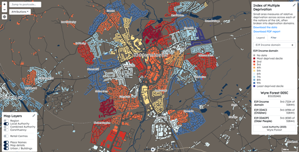 map indicating areas of deprivation across Kidderminster