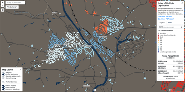 map indicating areas of deprivation across Bewdley