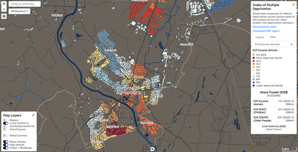 map indicating areas of deprivation across Stourport-on-Severn