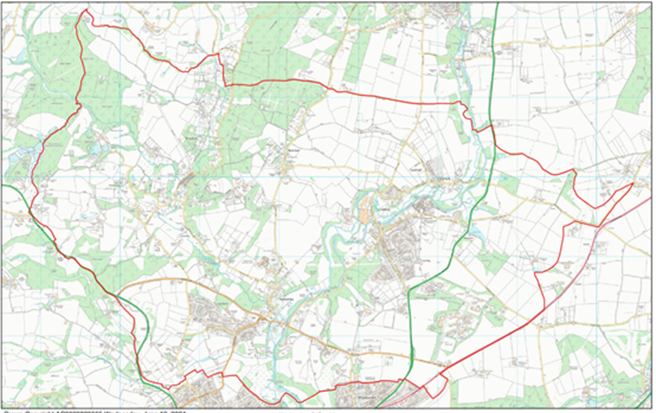 High level Ordnance survey map with red outline showing boundary of Wolverley and Cookley Parish