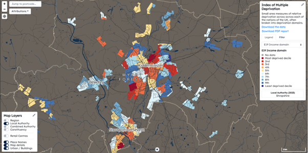 map indicating areas of deprivation across Wyre Forest